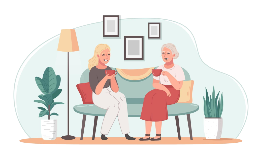 Elderly care cartoon concept with women drinking tea indoors vector illustration